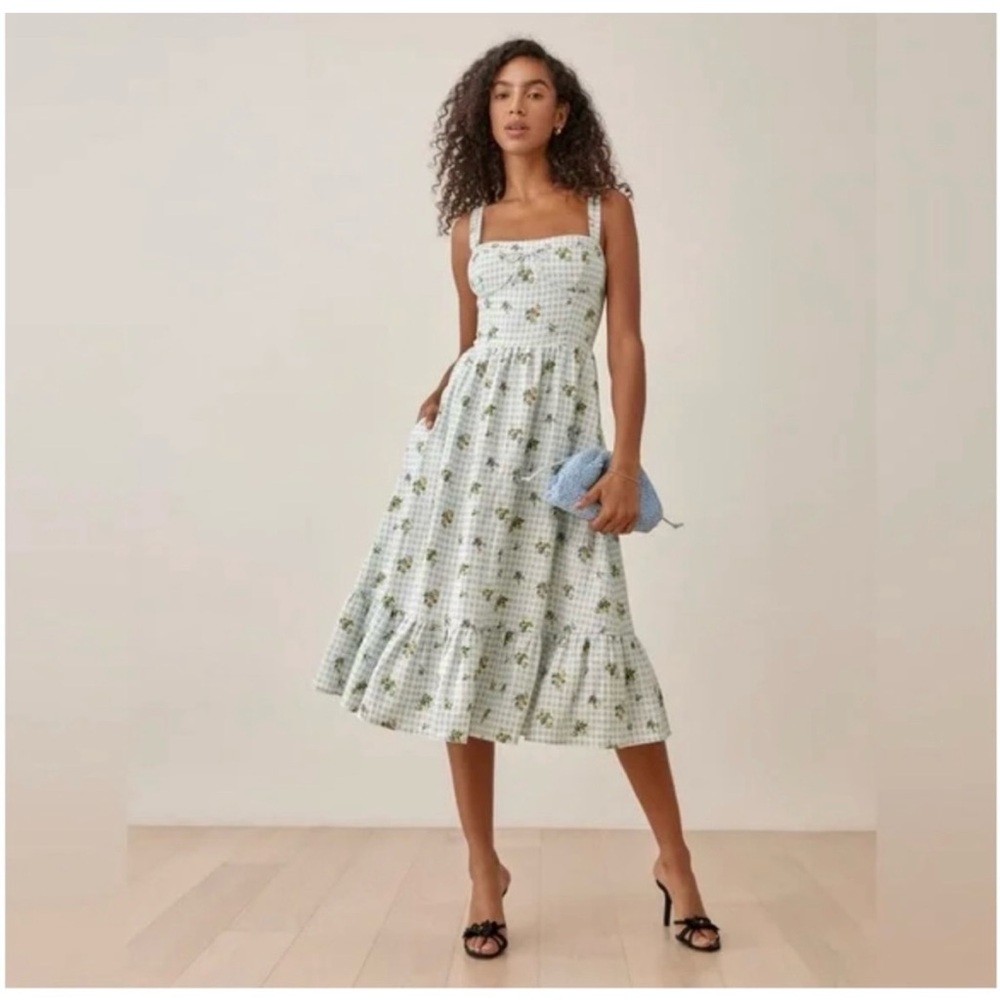 NWT Reformation Maegan 100% Linen Dress Gingham Floral Sz 8